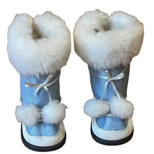 American Girl “Snow Flurry Outfit” BOOTS Blue White Fur Pom Pom Winter 2010